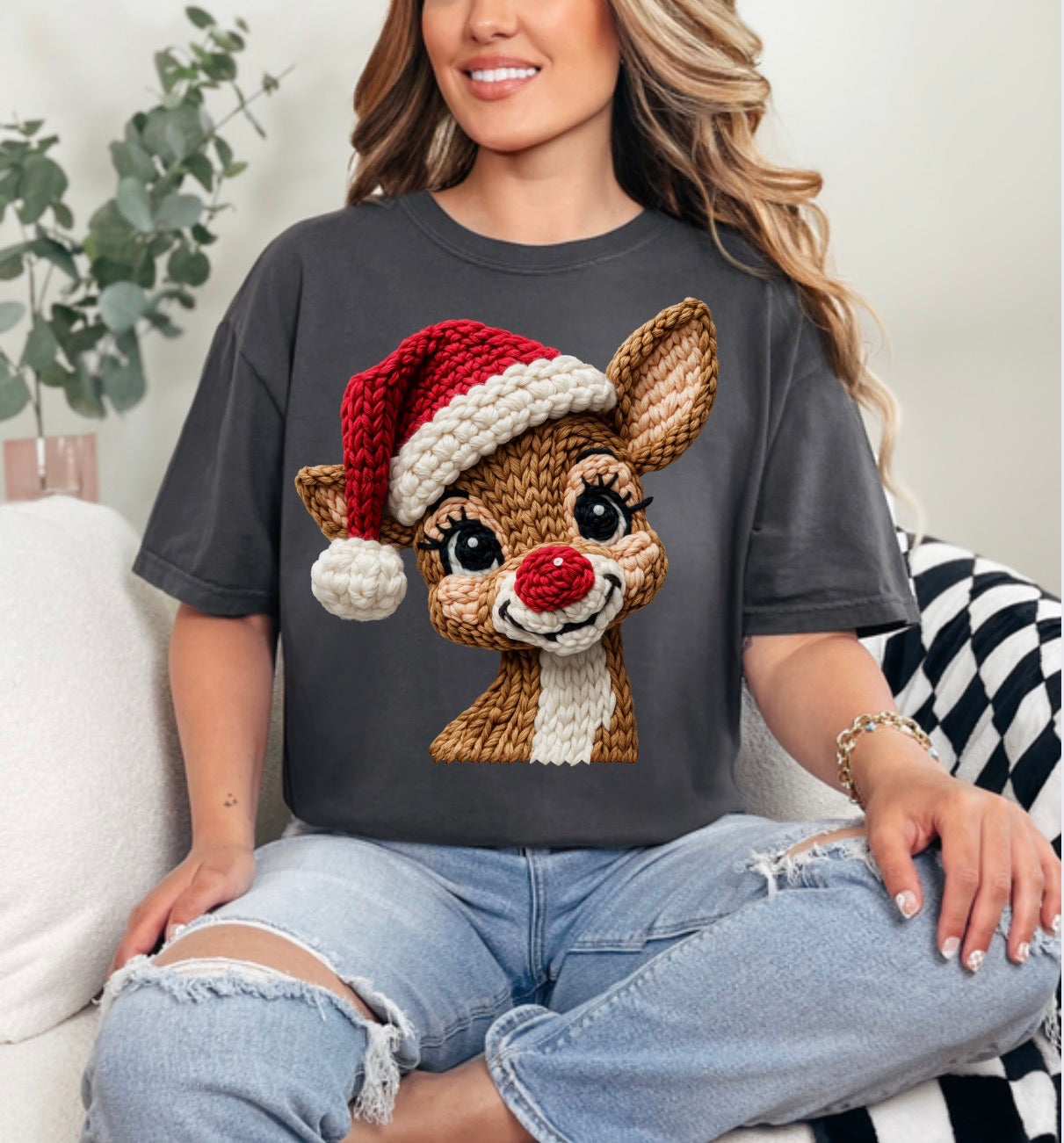 Faux Yarn, Red Nose Reindeer, Santa Hat, Holiday Sweatshirt