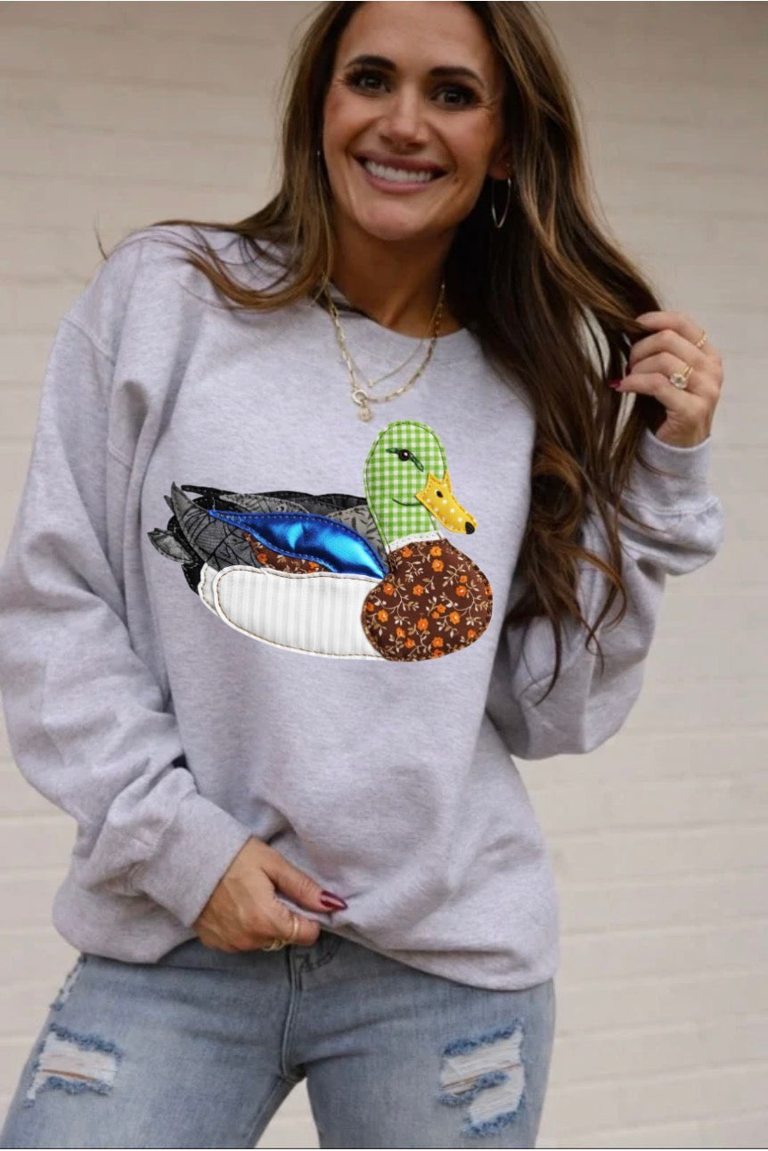 Faux Patchwork, DTF Print, Faux Blue WING, Sitting Mallard Duck (NOT Real Fabric Patches) Sweatshirt (Website)