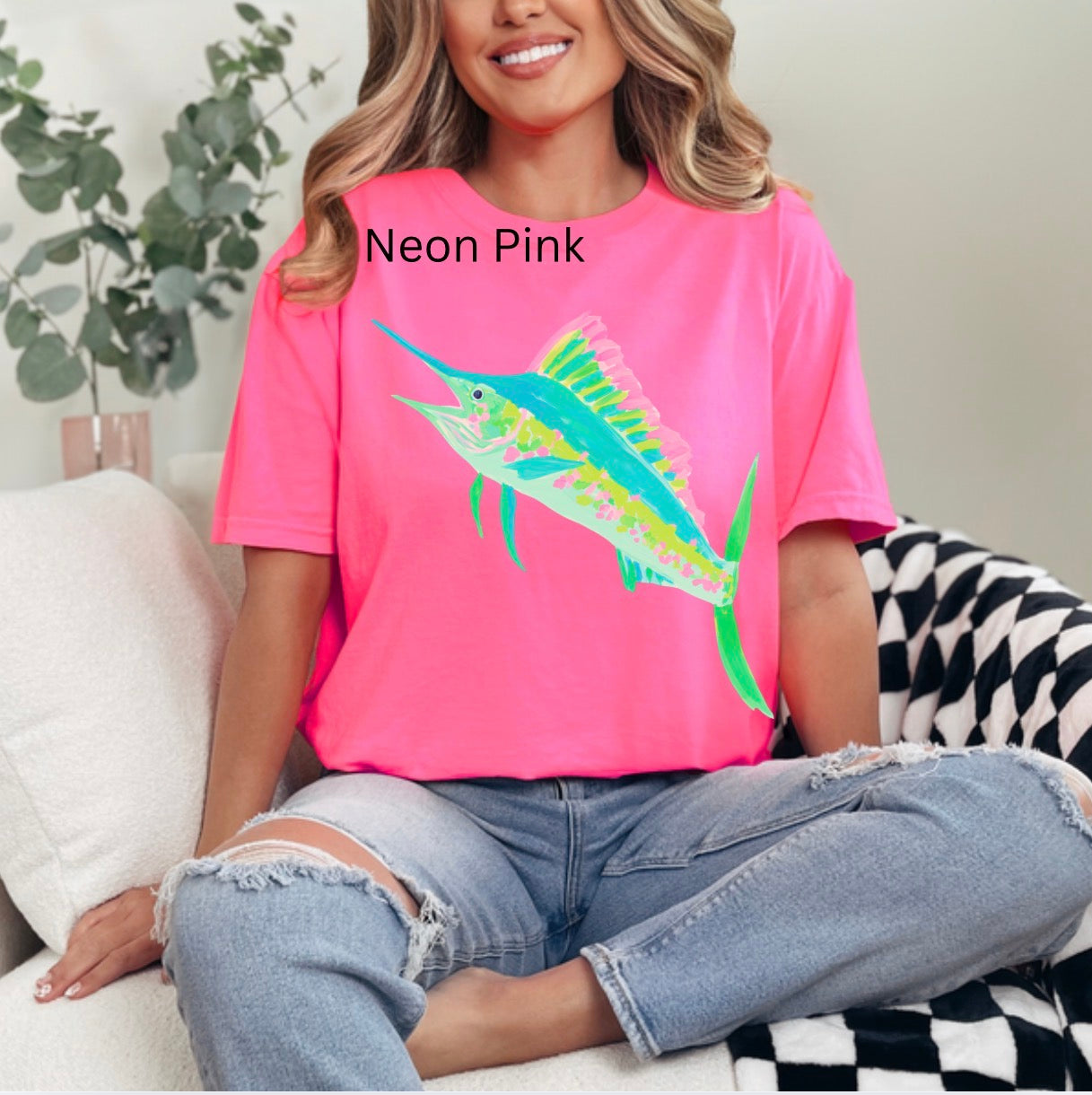 Preppy Sailfish, Coastal Fish, Watercolor Marlin, Tropical Fishing, Beach Shirt, Summer Ocean, Trendy Neon Summer T-shirt