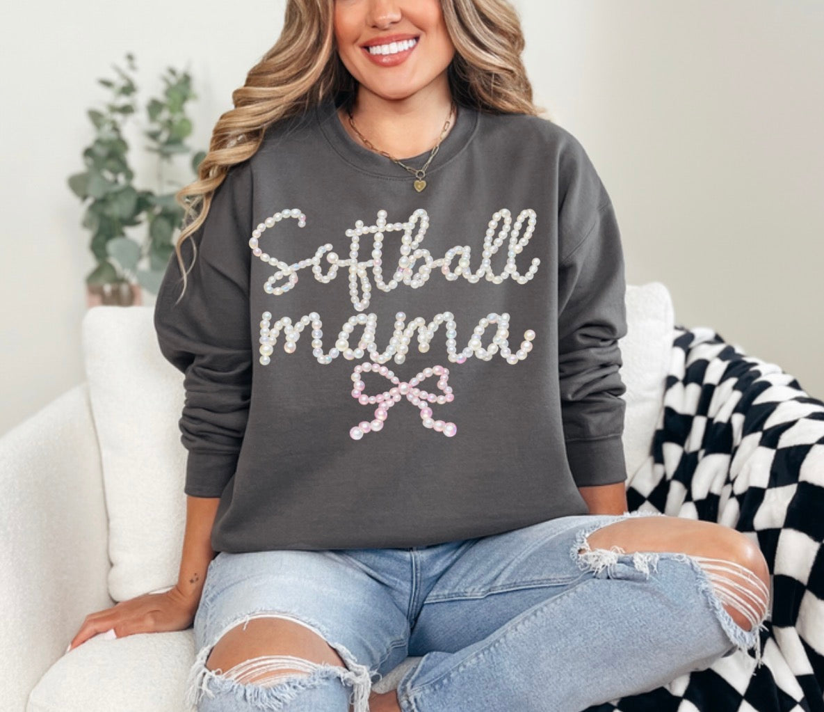 Preppy Baseball And Softball Bow FAUX Pearls, Baseball Game Day, Softball Mom, Sports Mom Design, Faux Pearls Trendy Sweatshirt (Website)