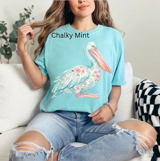Pink Floral Pelican, Beach Decor, Watercolor Pelican, Coastal T-shirt