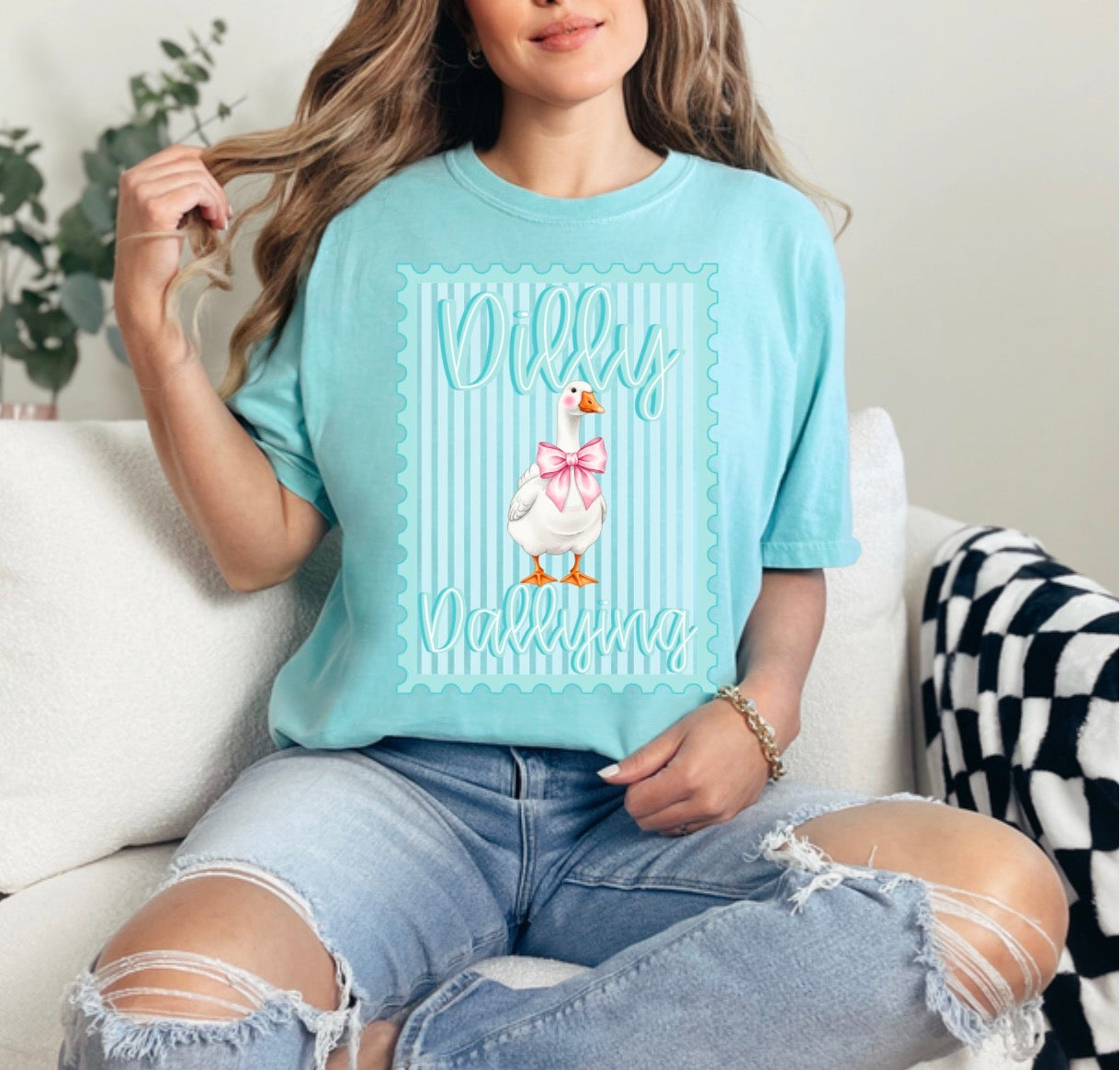 Preppy Dilly Dally Goose, Coquette Bow Goose, Funny Goose Stamp, Retro Striped Bow GooseT-shirt