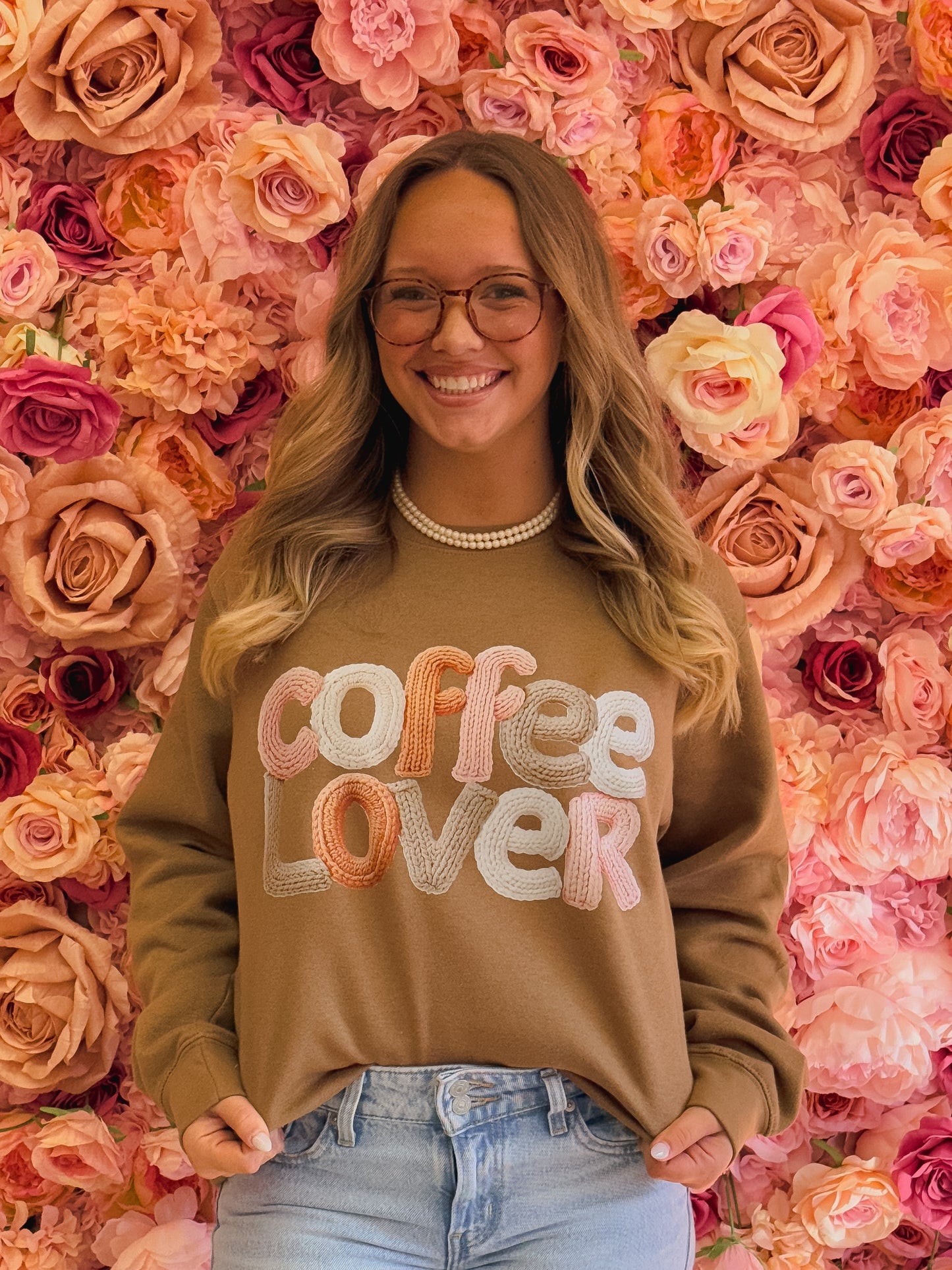 Coffee Lover, Faux Yarn Letters, Preppy, Coffee Sweatshirt
