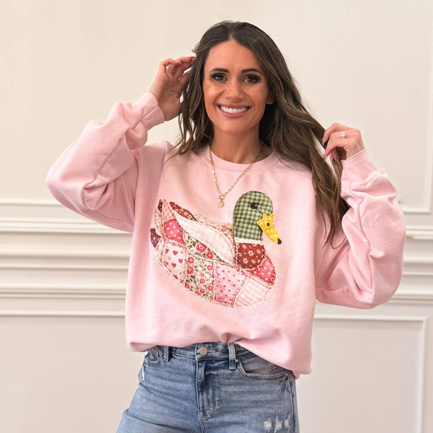 FAUX Pink DTF Print Quilted Mallard Duck,  Patchwork Duck, Pink Mallard Duck (NOT Real Fabric Patches) Sweatshirt (Website)