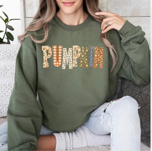 Preppy Pumpkin Letters, Ditsy Floral Gingham Pumpkin, Cottagecore Fall, Trendy Fall Sweatshirt