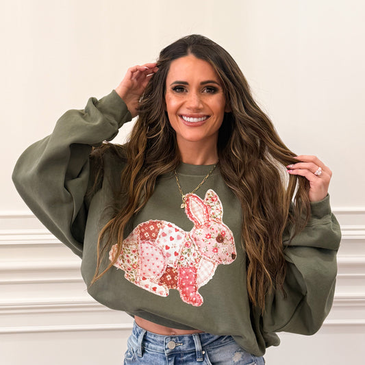 PiNk Floral Bunny Faux Patchwork, DTF Print, Trendy Easter Spring Patchwork, Floral Retro, Cottage core Gingham Patchwork Sweatshirt
