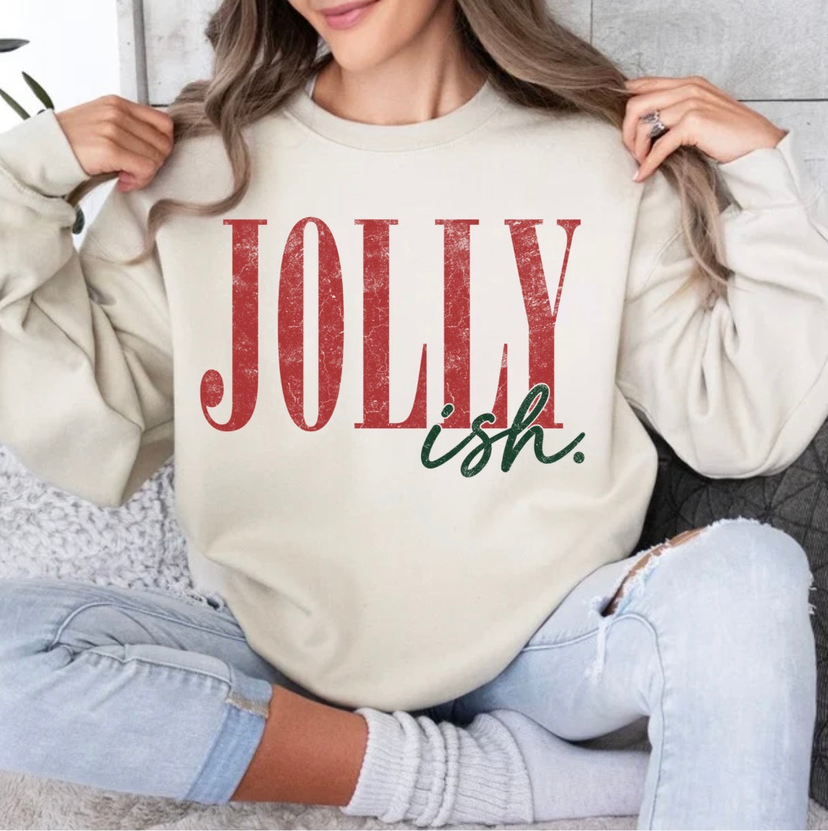 Jolly Ish, Retro Christmas, Distressed Holiday, Xmas, Funny Christmas Sweatshirt