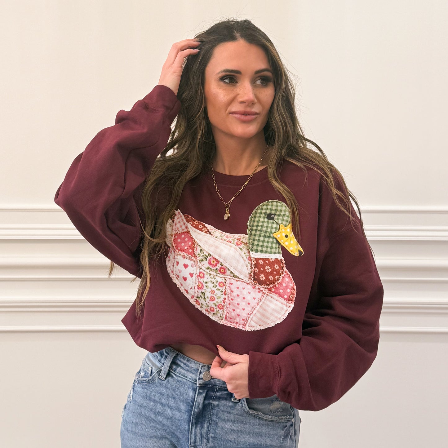 FAUX Pink DTF Print Quilted Mallard Duck,  Patchwork Duck, Pink Mallard Duck (NOT Real Fabric Patches) Sweatshirt (Website)