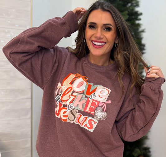 Love Like Jesus Vintage Coquette, Jesus, Preppy Valentine’s Day Checkered, Jesus Valentine’s Day Sweatshirt