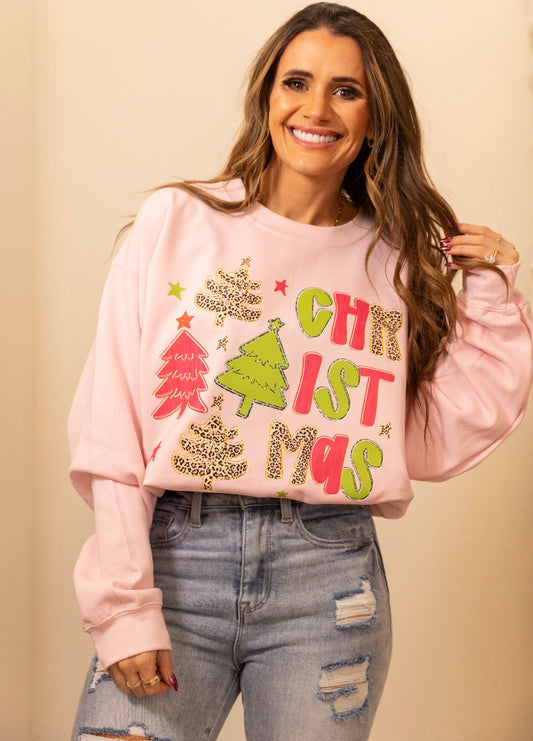 Christmas Doodle, Leopard Christmas Tree, Preppy Christmas,  Faux Glitter Holiday Sweatshirt