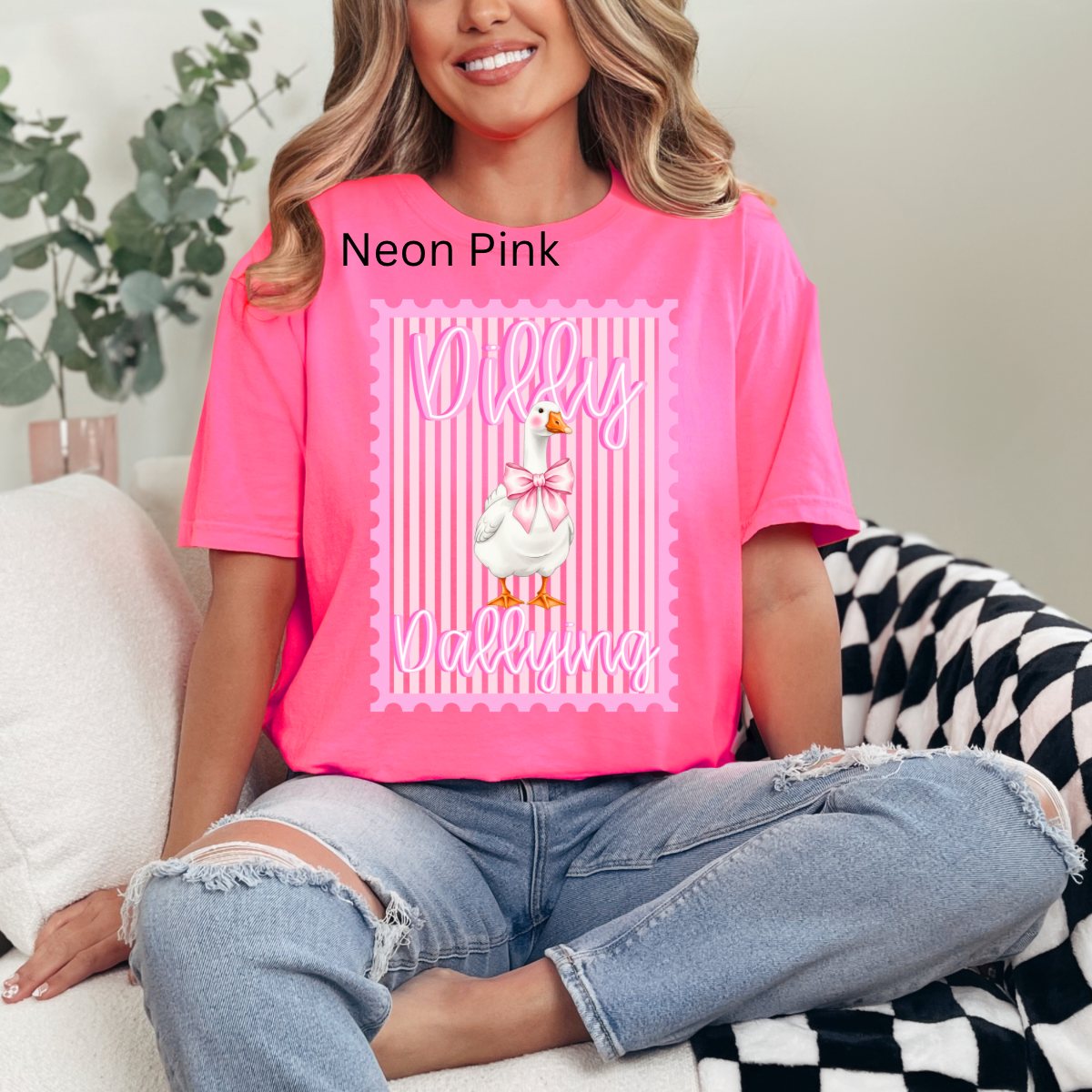 Pink Preppy Dilly Dally Goose, Coquette Bow Goose, Funny Goose Stamp, Retro Striped Bow GooseT-shirt
