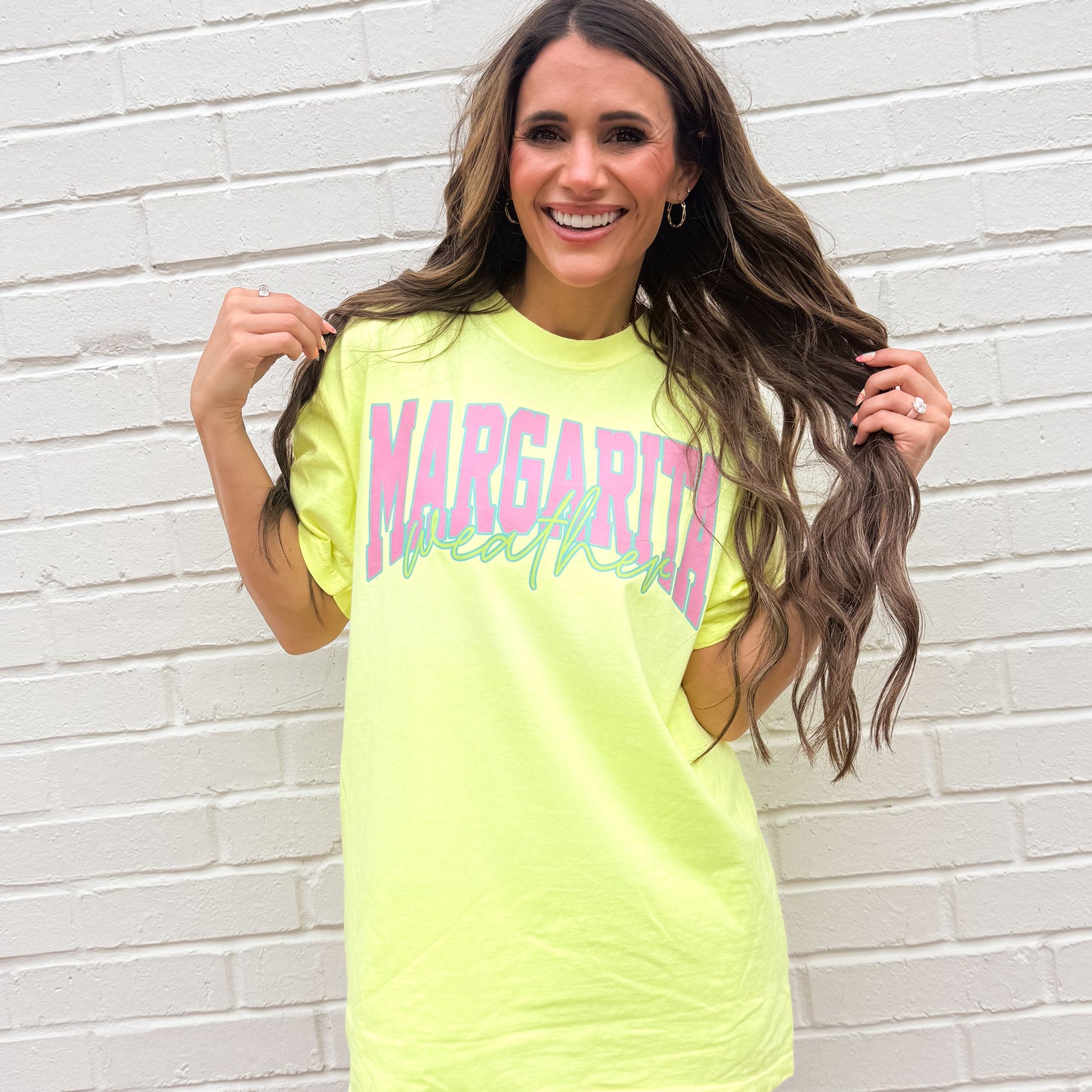 Margarita weather Distressed Varsity, Summer Shirt, Trendy Summer, hot pink, teal, Aesthetic Summertime Distressed T-shirt (Website)