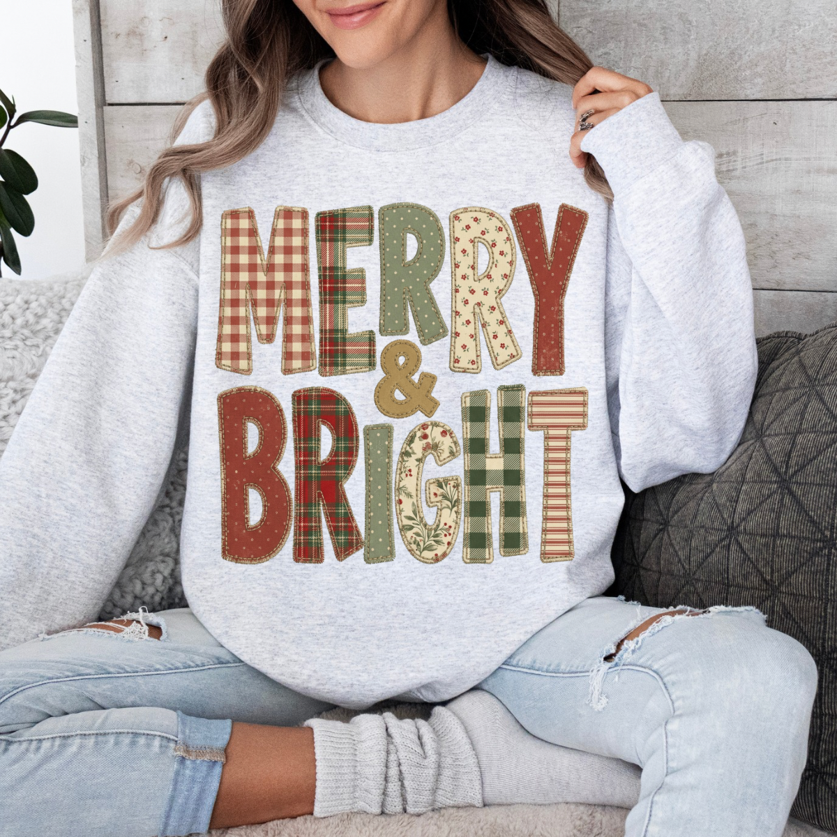 Merry & Bright, Flannel Patchwork Letters, Christmas, Preppy Gingham, Retro Holiday Plaid Sweatshirt