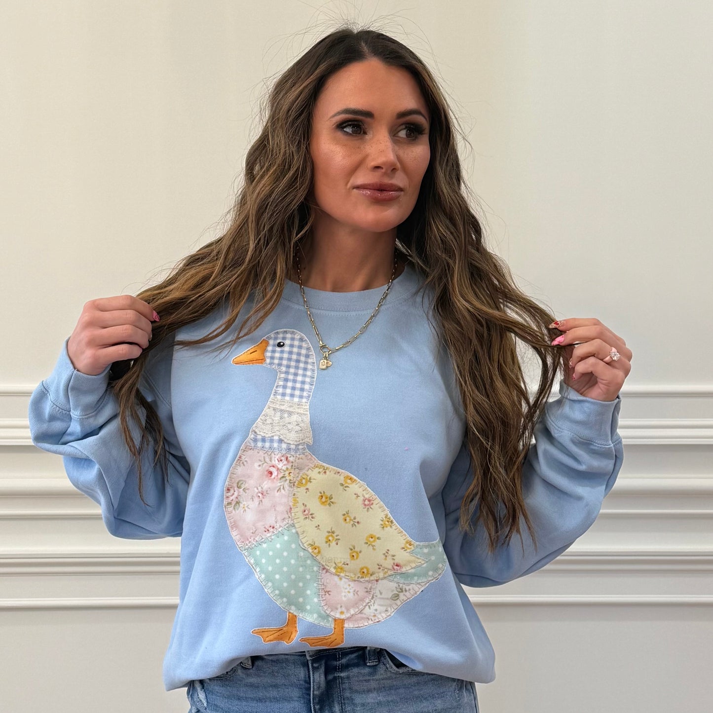 Faux Pastel Quilted Goose, DTF Print, Thrifted Vintage Style Goose Sweatshirt (NOT Real Fabric Patches) Website