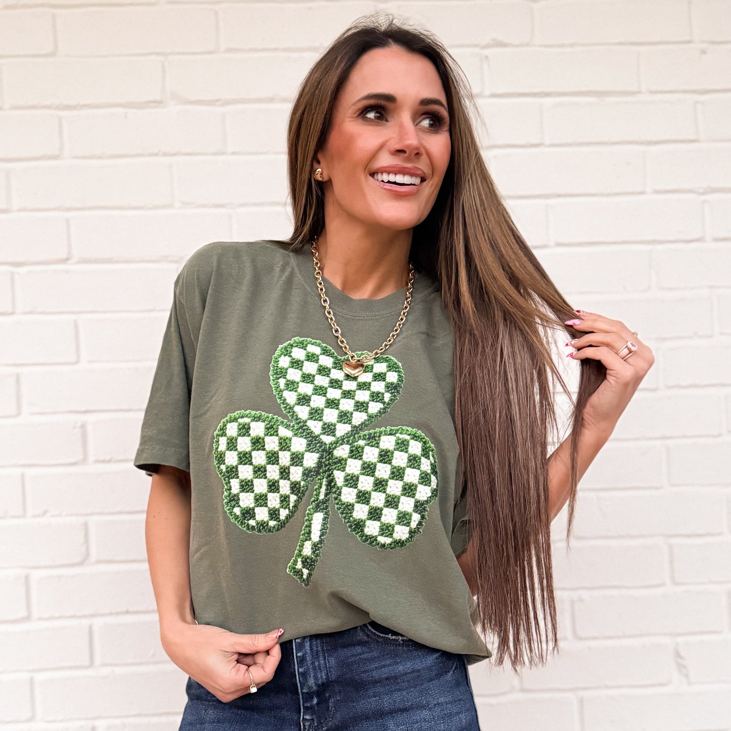 FAUX Knit St Patricks Day Clover, Faux Knit, Trendy Checkered Shamrock Knit, Faux Yarn Patricks Day , Latch Hook Yarn (NOT Real Fabric Patches) Sweatshirt (Website)