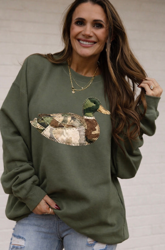 Light Camo Mallard Duck Faux Patchwork DTF Print, Hunting Faux Applique, Southern Vintage Sweatshirt