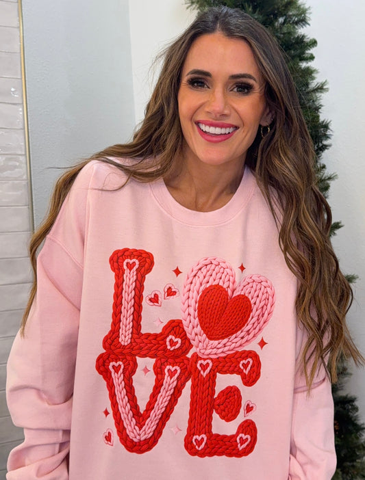 Faux Yarn Valentine's Day LOVE, Faux Knitted Yarn Texture Valentine, Crochet Coquette Bow, Pink Red Sweatshirt