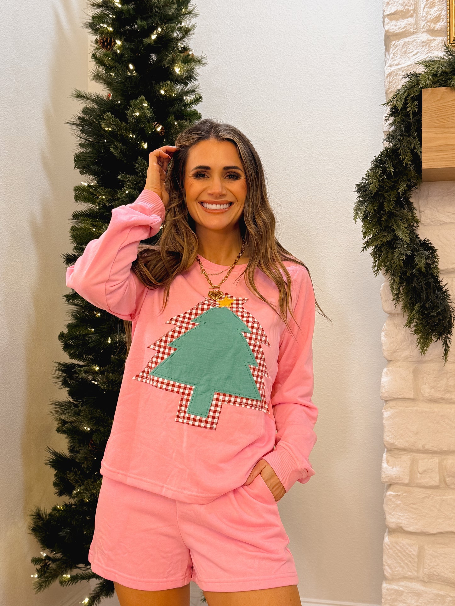 Pink Longsleeve Christmas Tree Two-Piece Set