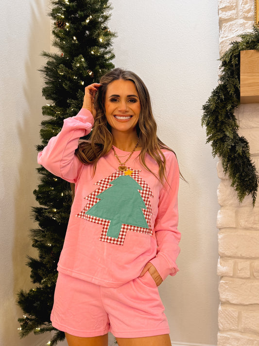 Pink Longsleeve Christmas Tree Two-Piece Set