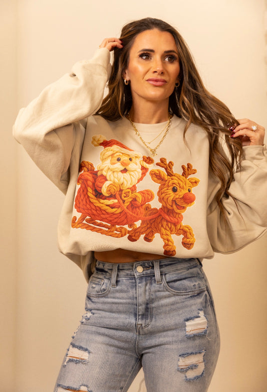 Faux Yarn, Retro Santa, Sleigh, Rudolph Santa Hat, Holiday Sweatshirt