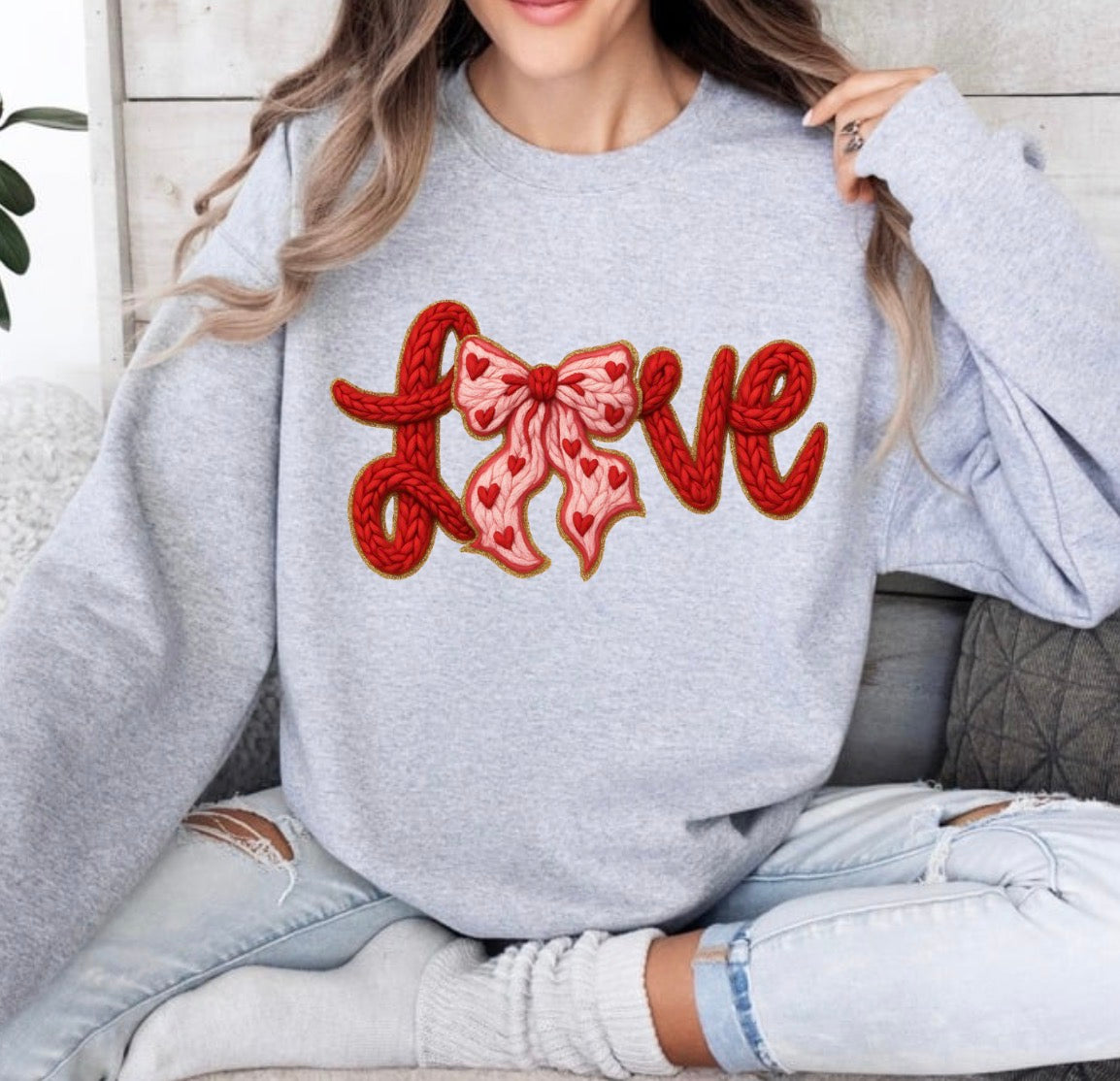 Bow, Faux Yarn Crochet Love Bow Valentines Day, Gold Outline, Latch Hook Yarn Heart, Coquette Retro Valentine Sweatshirt