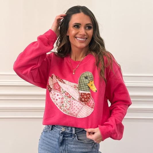 FAUX Pink DTF Print Quilted Mallard Duck,  Patchwork Duck, Pink Mallard Duck (NOT Real Fabric Patches) Sweatshirt (Website)