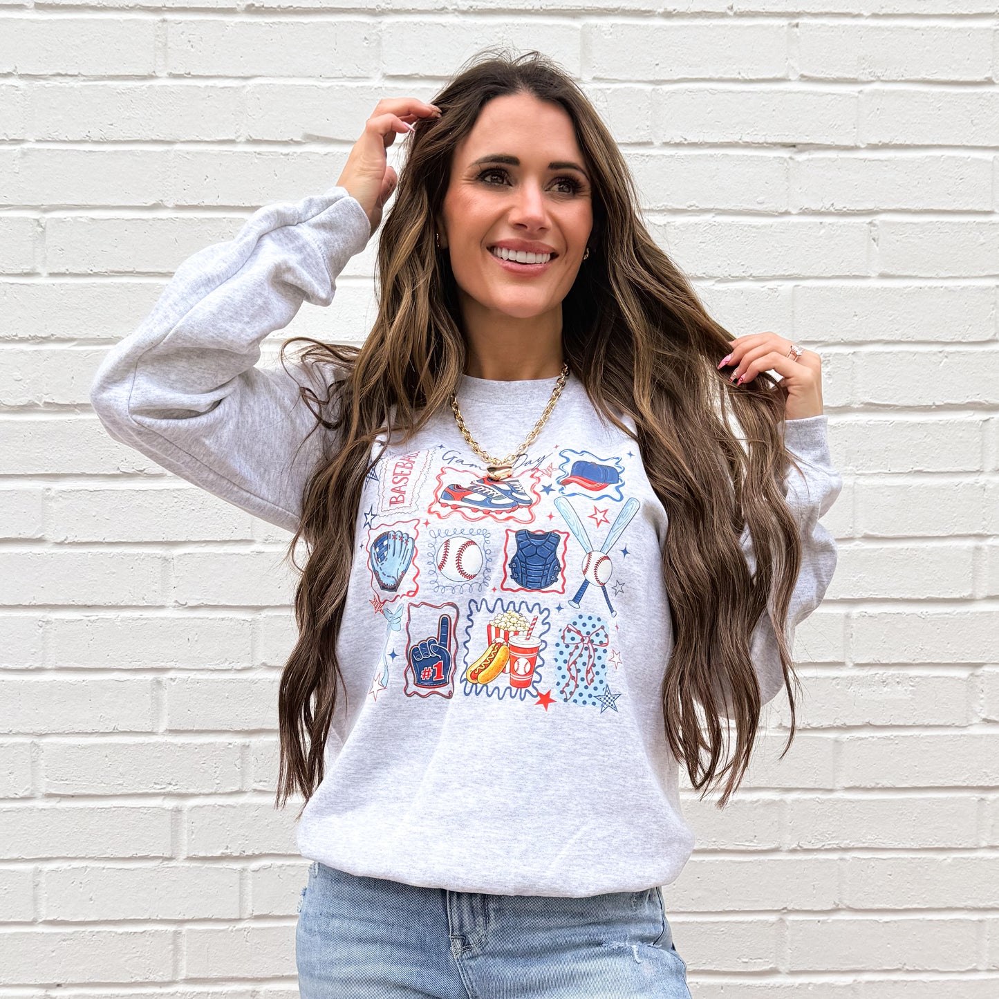 Game Day Baseball And Softball, Cute Sports with Helmet, Bat, Glove & Cheer Icons for Moms Fans, Baseball Doodle, Softball Doodle, Sweatshirt (Website)