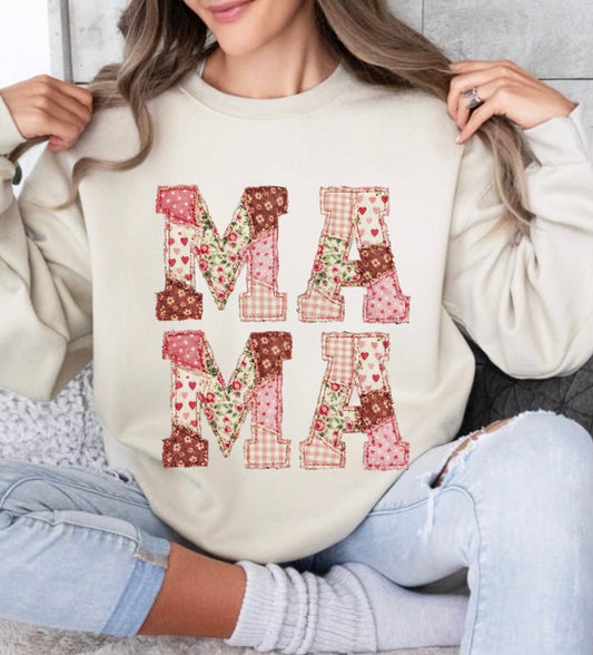 Faux Patchwork Mama, DTF Print, Cottage Core Thrifting Mama, Retro Faux Quilt, Pink Fabric Letters, Preppy Mama Design, Trendy Mom