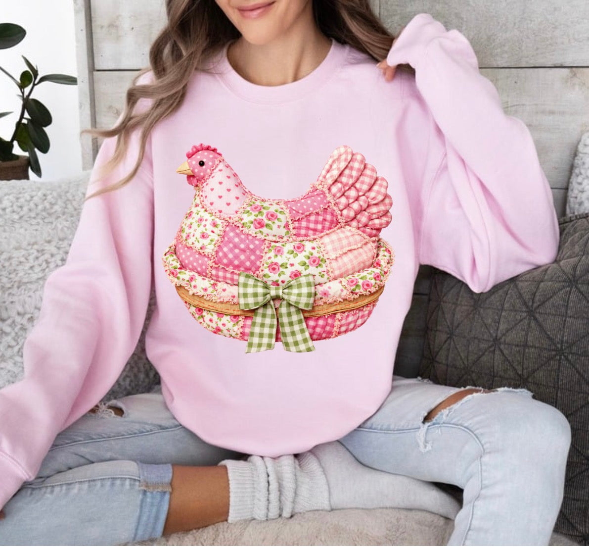 Floral Faux Quilted Patchwork Chicken DTF Print, Grandma Core Hen , 90s Inspired Stitched, Thrifted Style Granny, Cozy Quilt Sweater