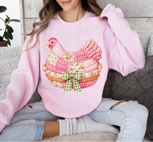 Floral Faux Quilted Patchwork Chicken DTF Print, Grandma Core Hen , 90s Inspired Stitched, Thrifted Style Granny, Cozy Quilt Sweater