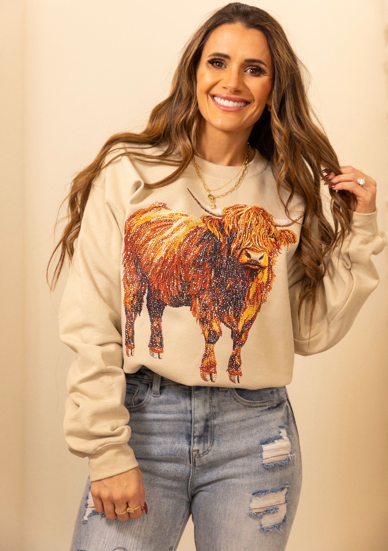 Faux Rhinestone Highland Cow, Cozy Autumn Sweatshirt, Farm Animal Sweatshirt