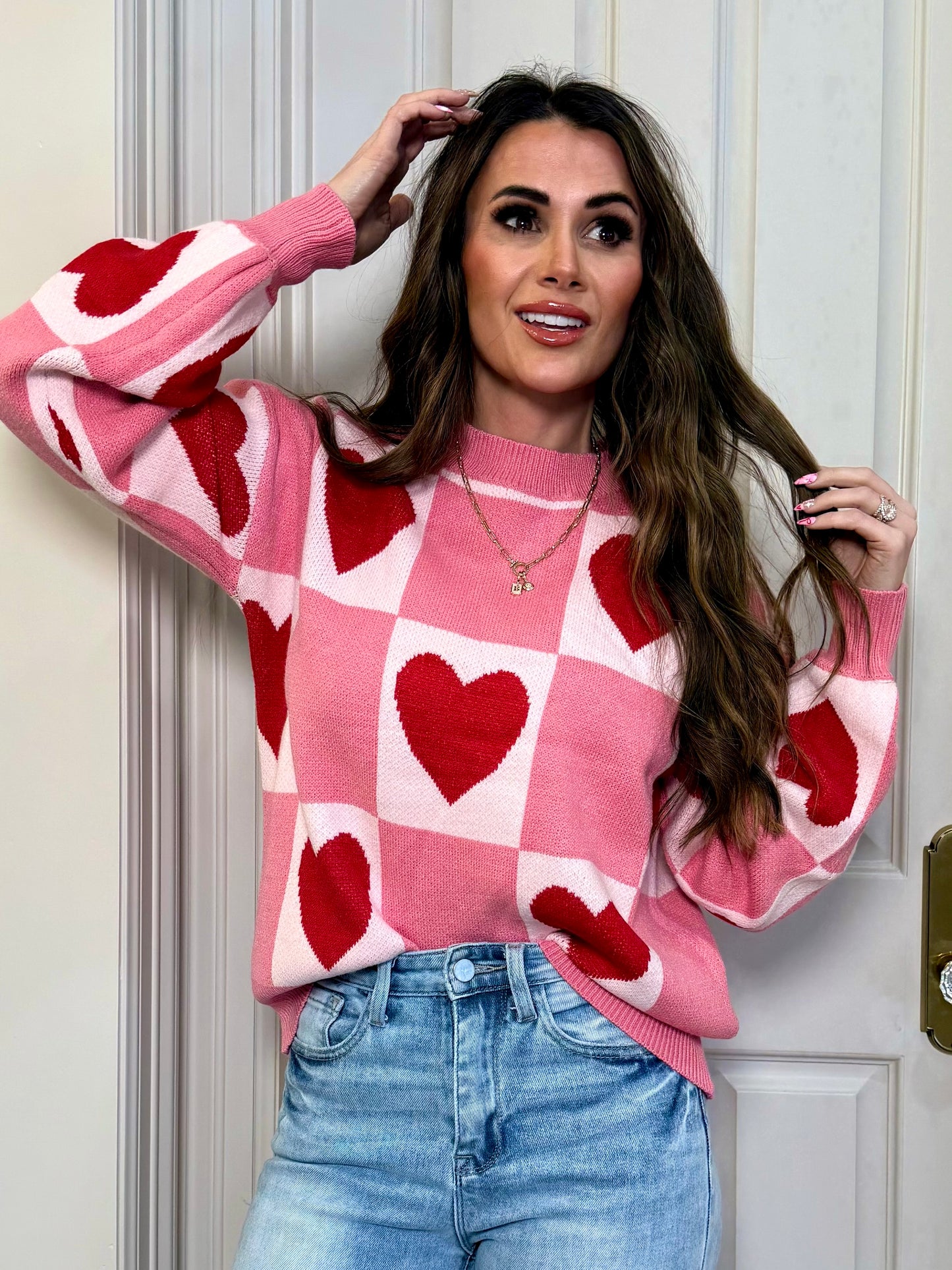 Pink Love Heart Checkered Valentine  Sweater