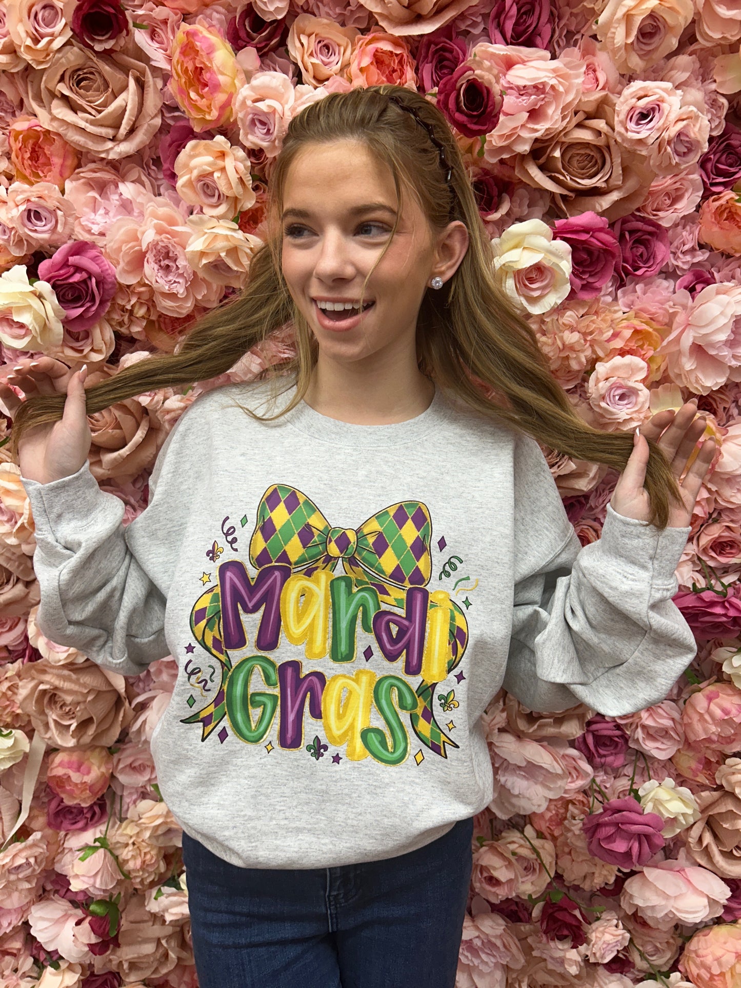Coquette Mardi Gras Bow , Brushstroke Mardi Gras, Preppy ,Sweatshirt