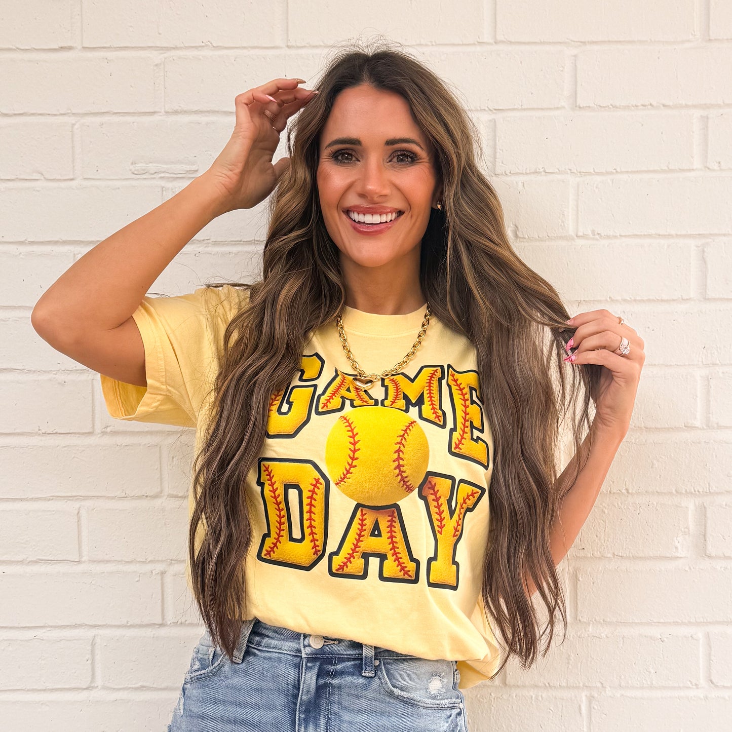 FAUX Yarn Game Day Softball And Baseball, Faux Yarn Sports Trendy Mom (NOT Real Fabric Patches) Sweatshirt (Website)