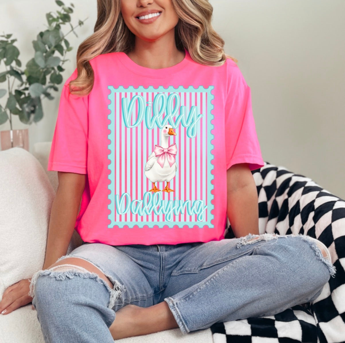 Preppy Dilly Dally Goose, Coquette Bow Goose, Funny Goose Stamp, Retro Striped Bow GooseT-shirt