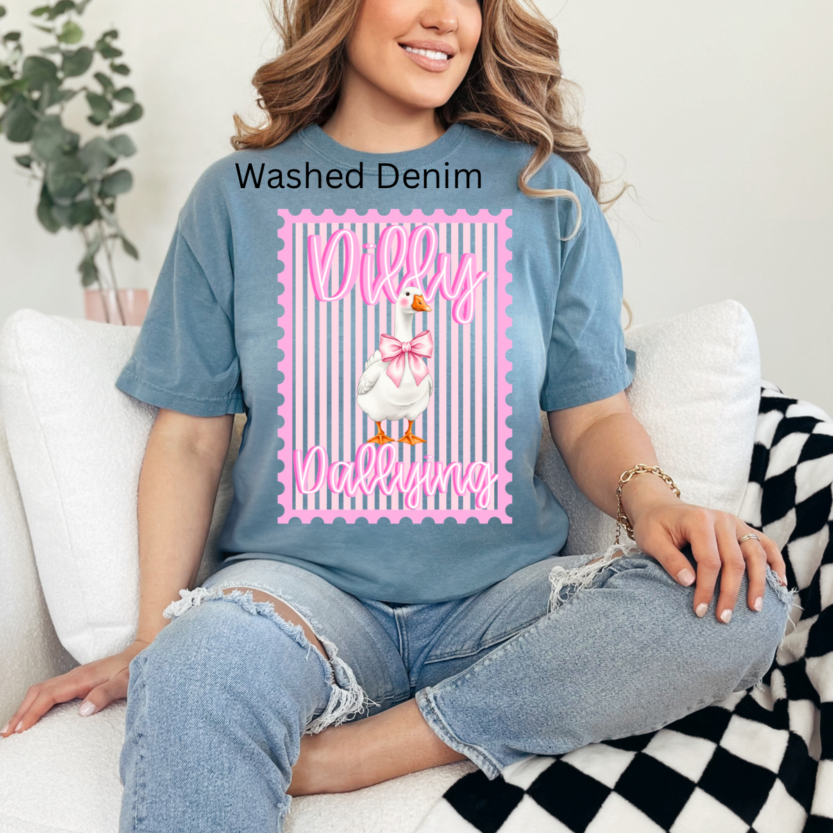 Pink Preppy Dilly Dally Goose, Coquette Bow Goose, Funny Goose Stamp, Retro Striped Bow GooseT-shirt