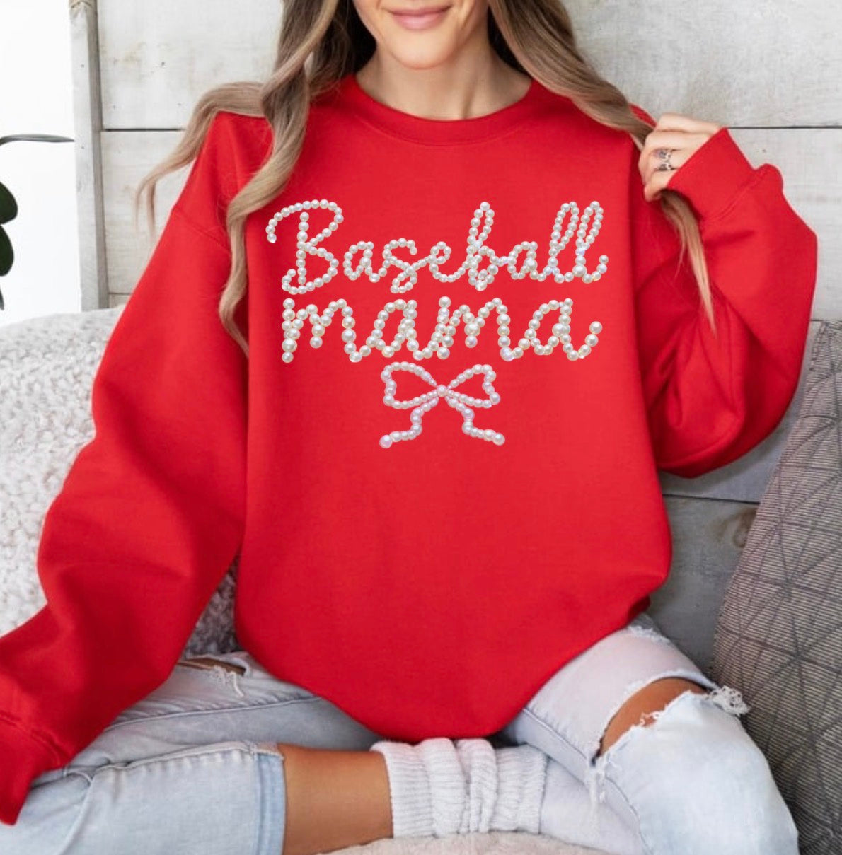 Preppy Baseball And Softball Bow FAUX Pearls, Baseball Game Day, Softball Mom, Sports Mom Design, Faux Pearls Trendy Sweatshirt (Website)