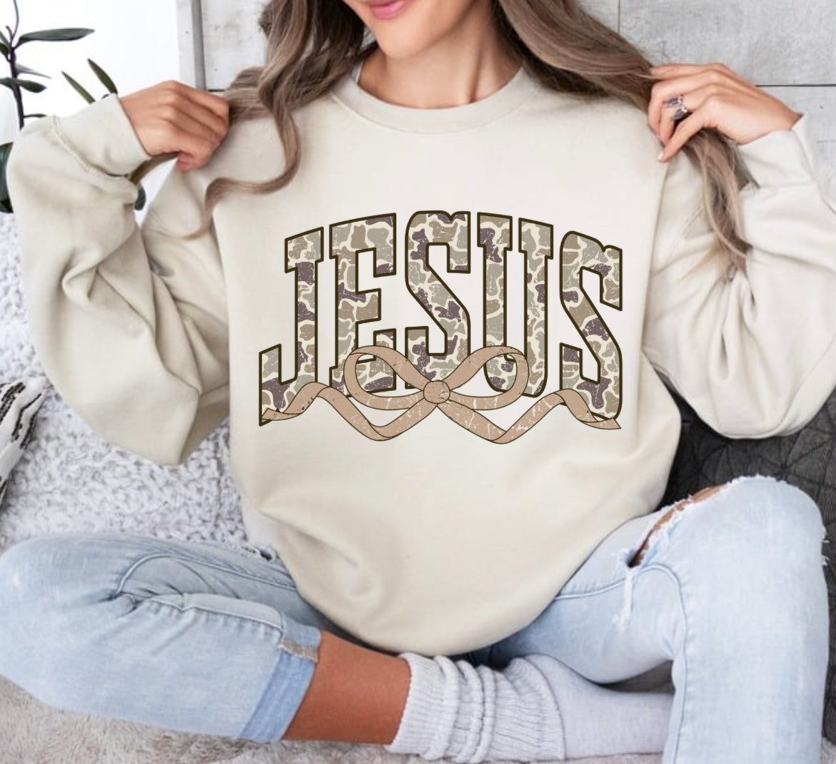 Camo Jesus with Bow  Sweatshirt