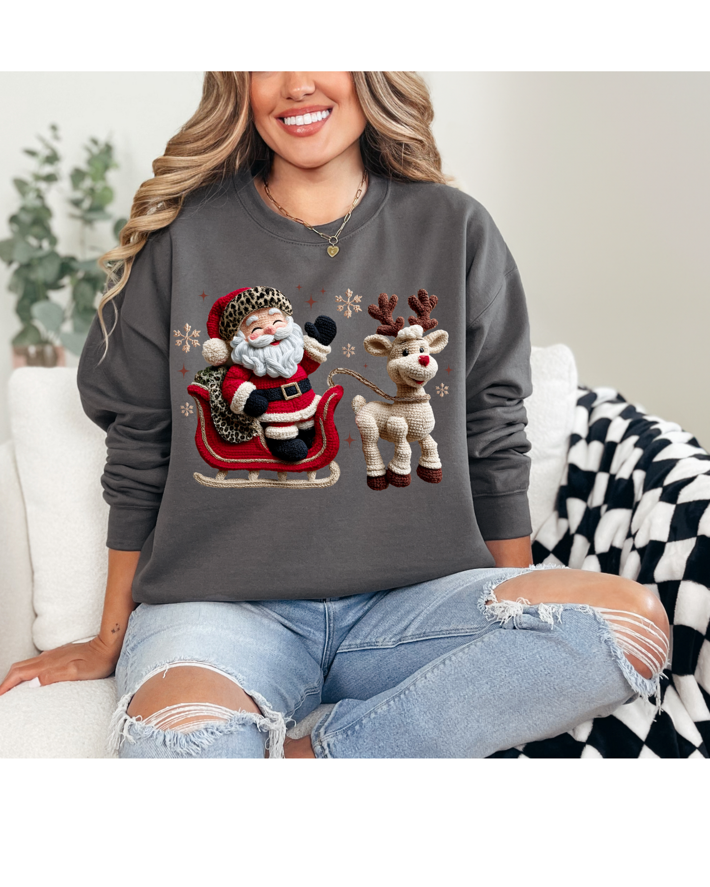 Retro cheetah Crochet Santa, Faux Santa sleigh, holiday Sweatshirt