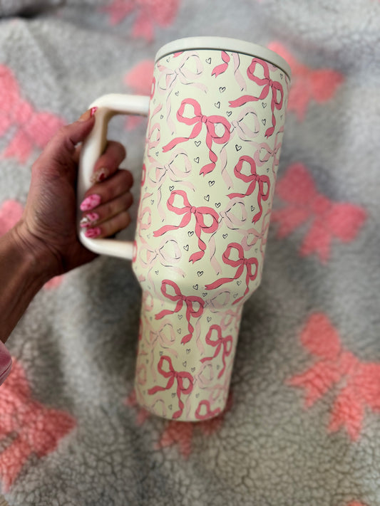 Bright Pink 40oz Cute Bow Print Tiny Heart Flip Straw Handled Vacuum Spill Proof Tumbler