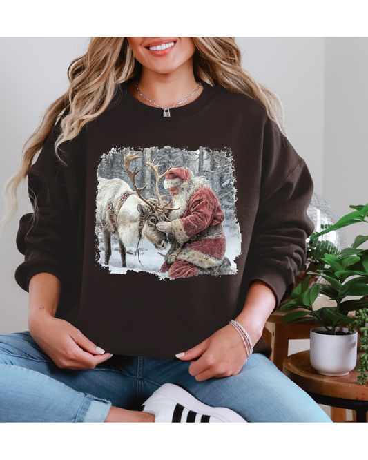 Vintage Santa Claus, Retro Christmas, Santa and Reindeer Holiday Sweatshirt
