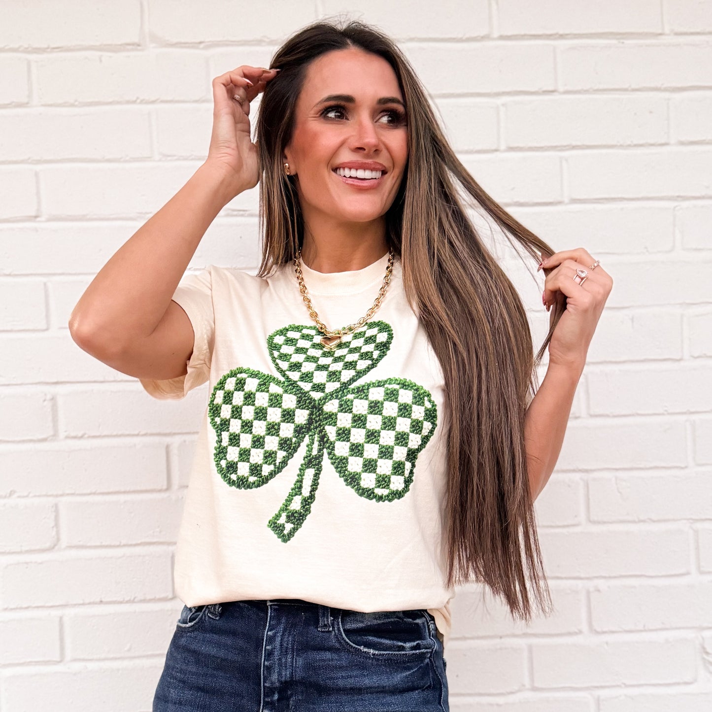 FAUX Knit St Patricks Day Clover, Faux Knit, Trendy Checkered Shamrock Knit, Faux Yarn Patricks Day , Latch Hook Yarn (NOT Real Fabric Patches) Sweatshirt (Website)