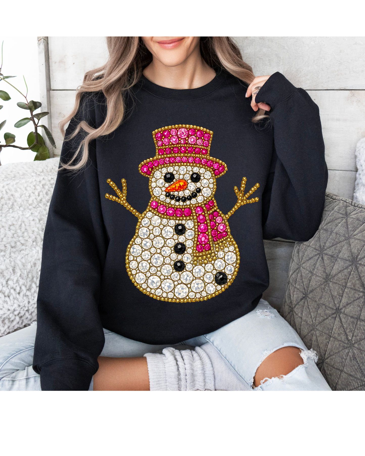 Faux Bejeweled Snowman,  pink holidays, cute faux pearls, Holiday Sweatshirt