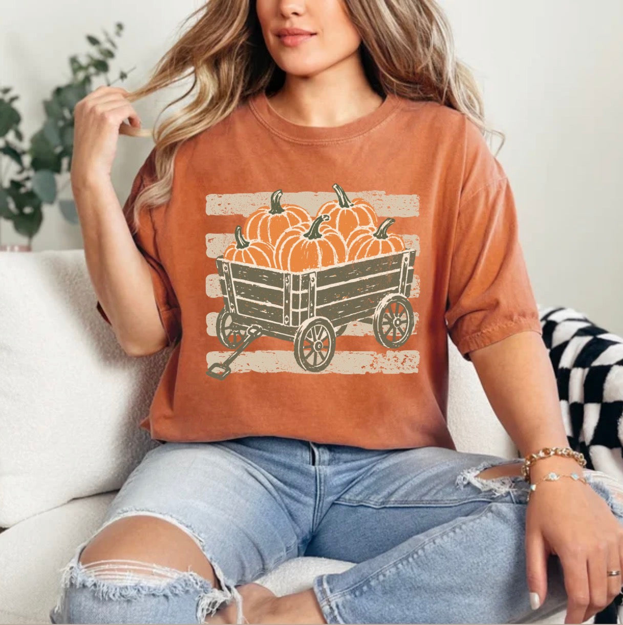 Pumpkin wagon stripes, fall vibes, preppy fall, distressed, autumn, cozy season t-shirt