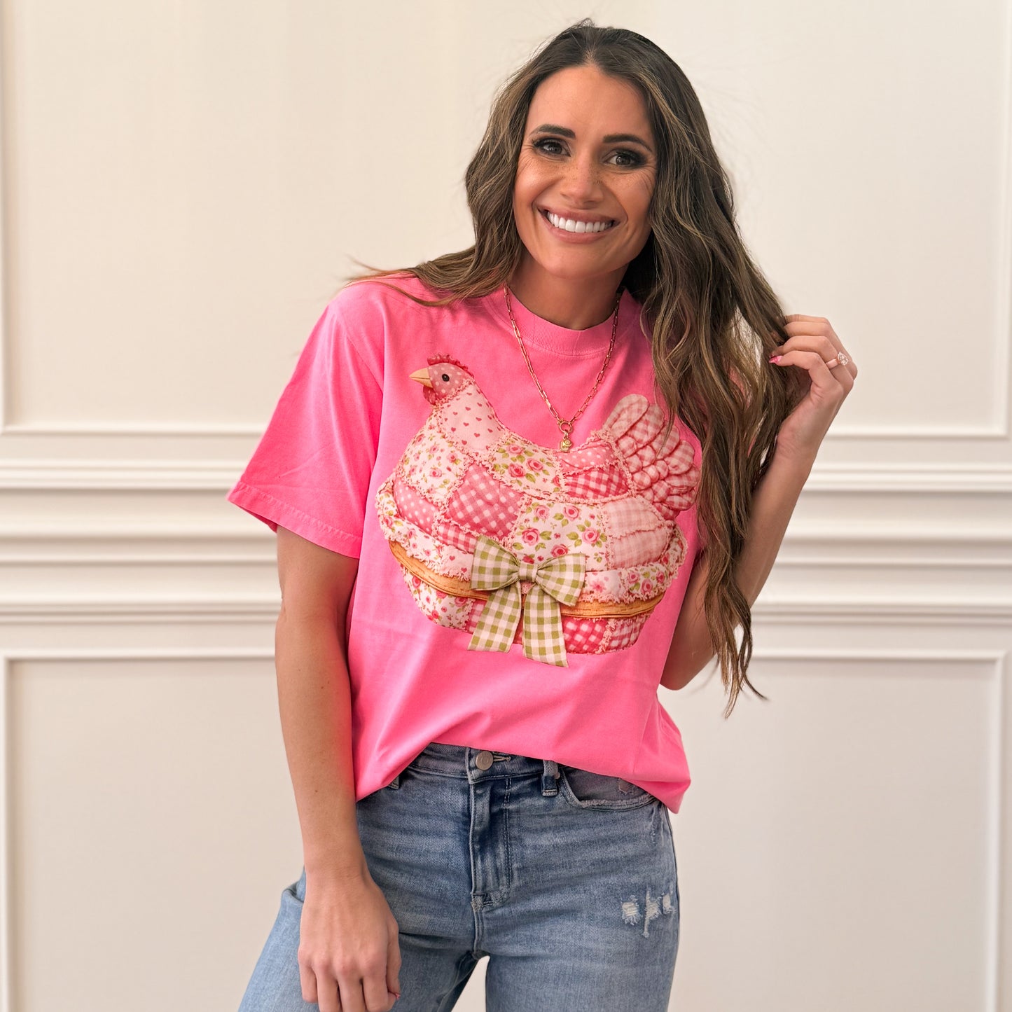 Pink Floral Faux Quilted Patchwork Chicken DTF Print, Grandma Core Hen , 90s Inspired Stitched, Thrifted Style Granny, Cozy Quilt Sweatshirt (NOT Real Fabric Patches) (Website)