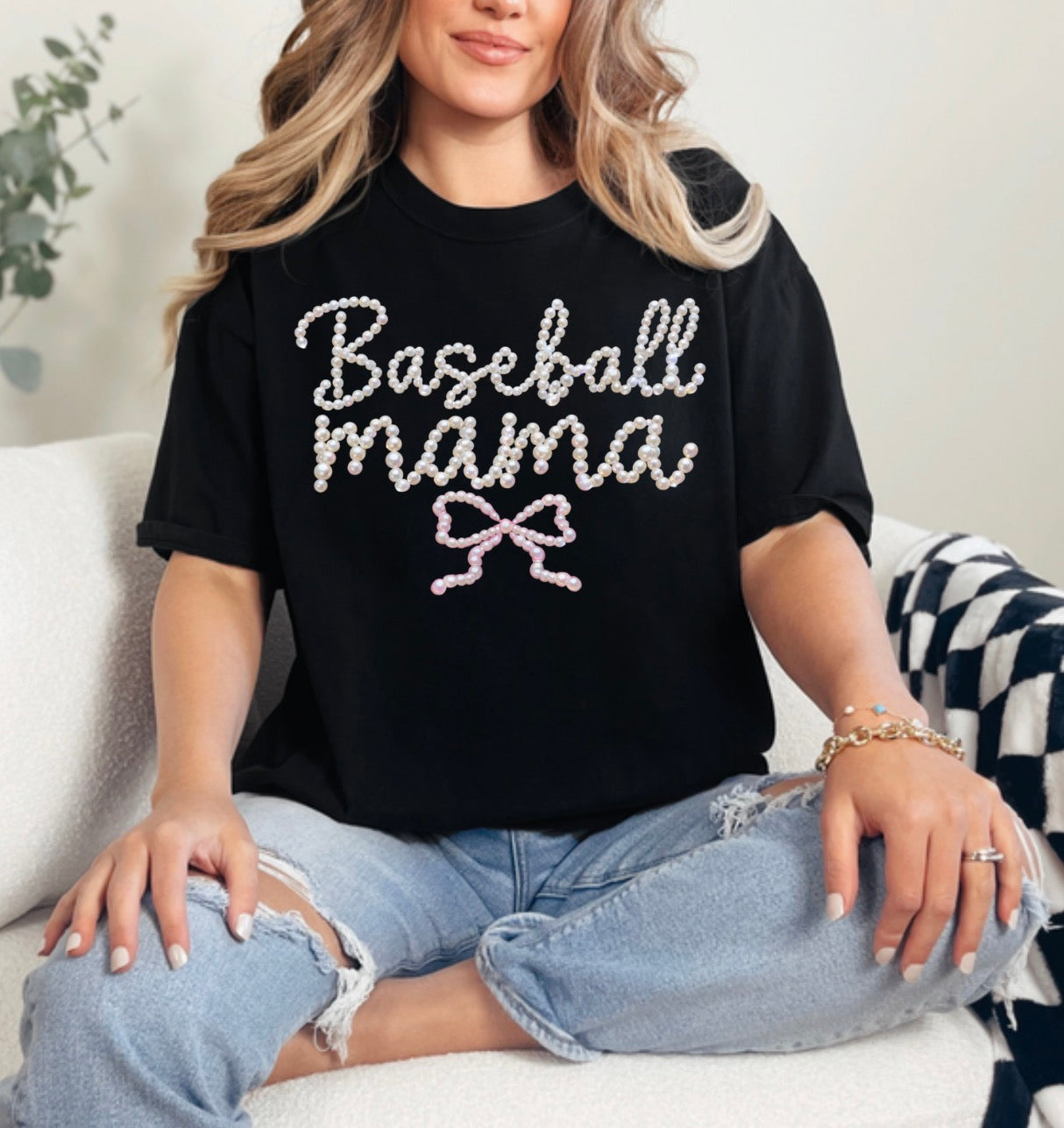 Preppy Baseball And Softball Bow FAUX Pearls, Baseball Game Day, Softball Mom, Sports Mom Design, Faux Pearls Trendy Sweatshirt (Website)