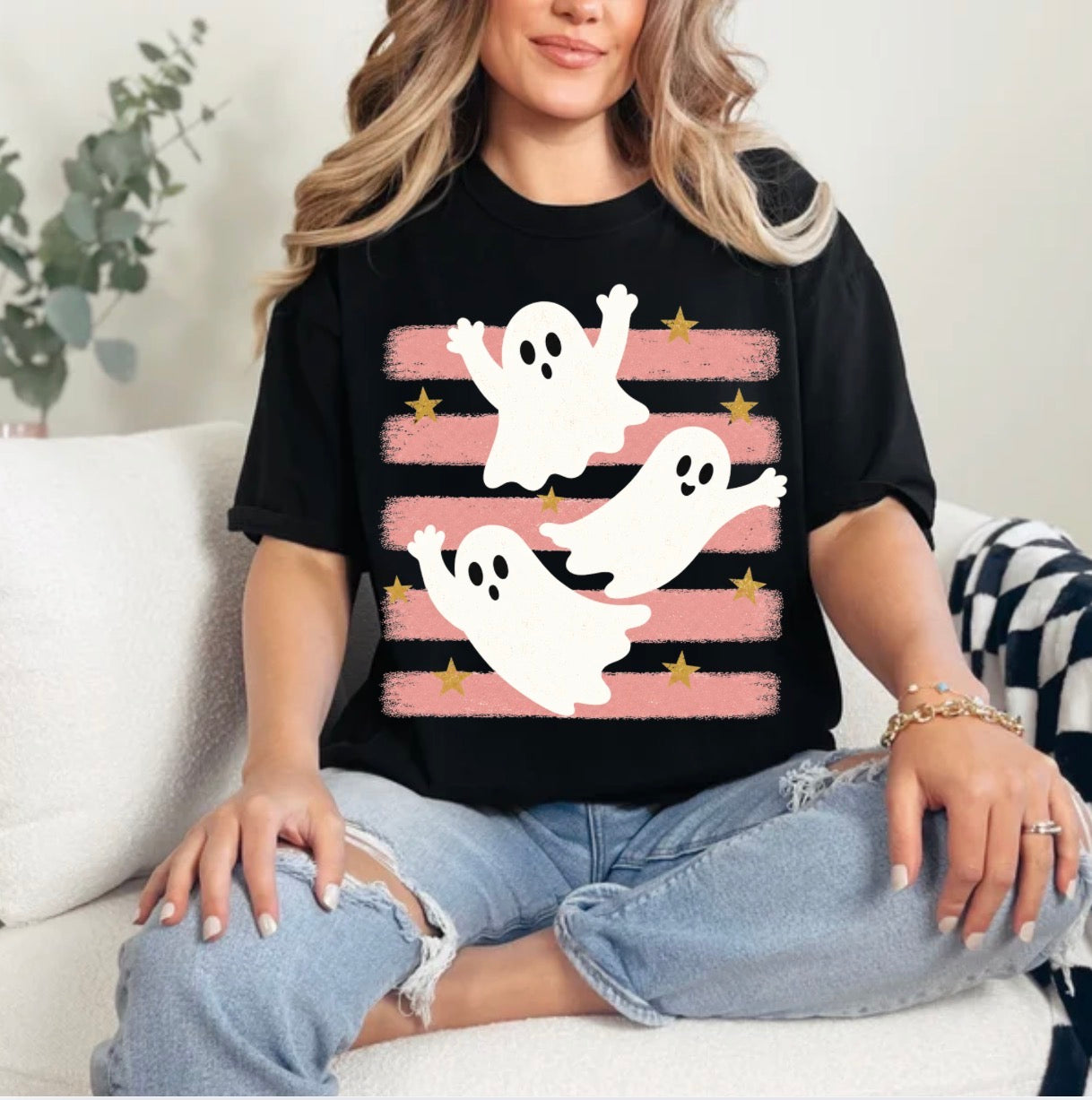 Striped Ghost, Trendy Halloween, Spooky Season, Cute Halloween, Girly Halloween T-shirt