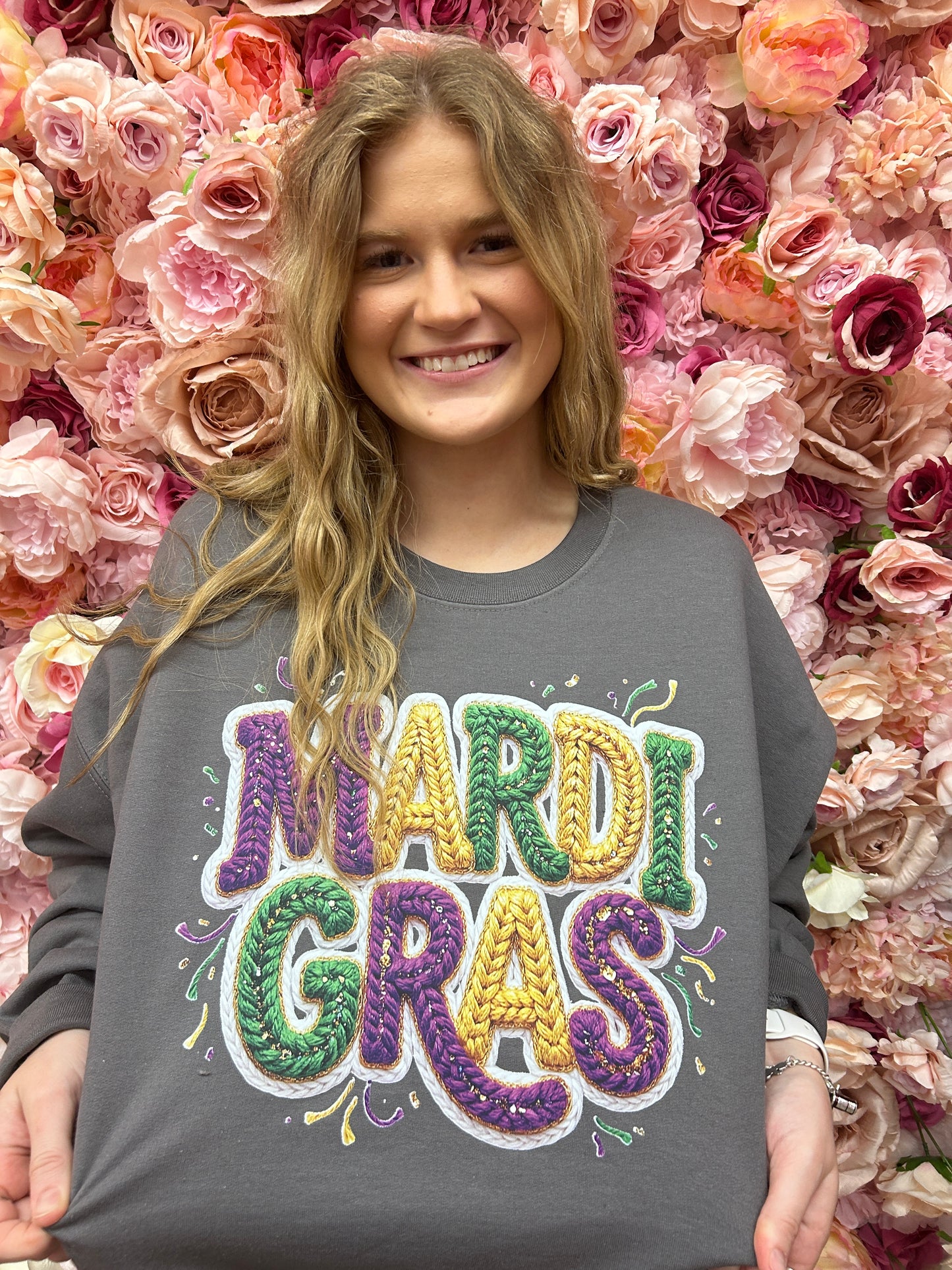 Faux Yarn Mardi Gras, Latch Hook Crochet Mardi Gras, Preppy Glitter Knit Sweatshirt