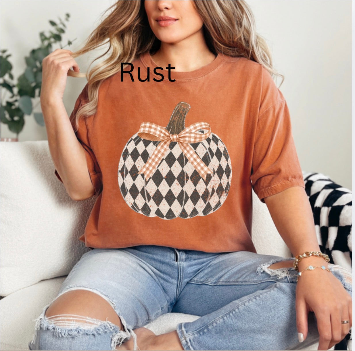 Coquette Checkered Pumpkin, Fall Pumpkin, Autumn, Checkered, Preppy Checkered Pumpkin T-shirt