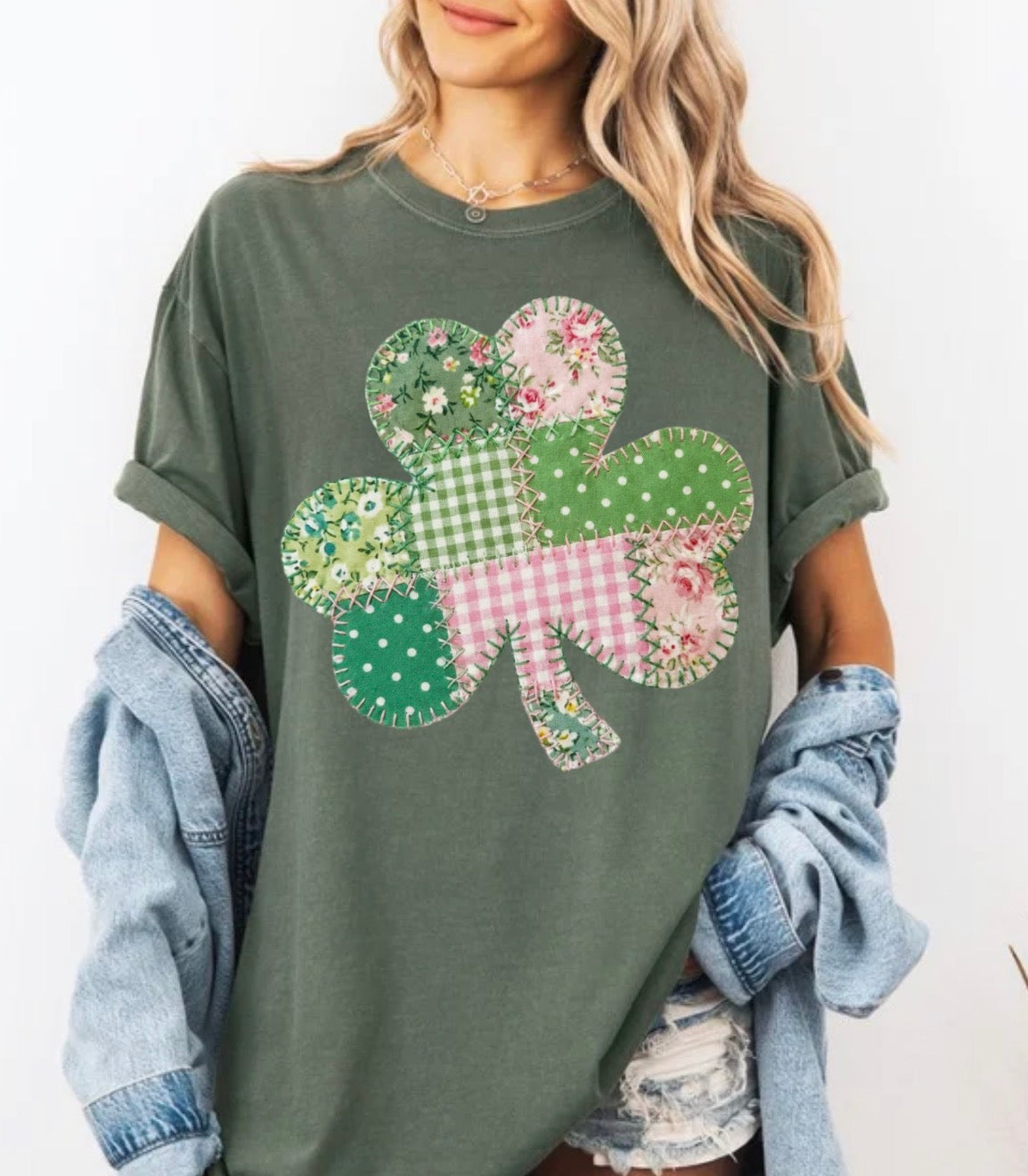 Floral FAUX Patchwork Shamrock, Vintage Faux Fabric Clover, Pink Green Stitched Shamrock, ( NOT Real Fabric Patches)Sweatshirt